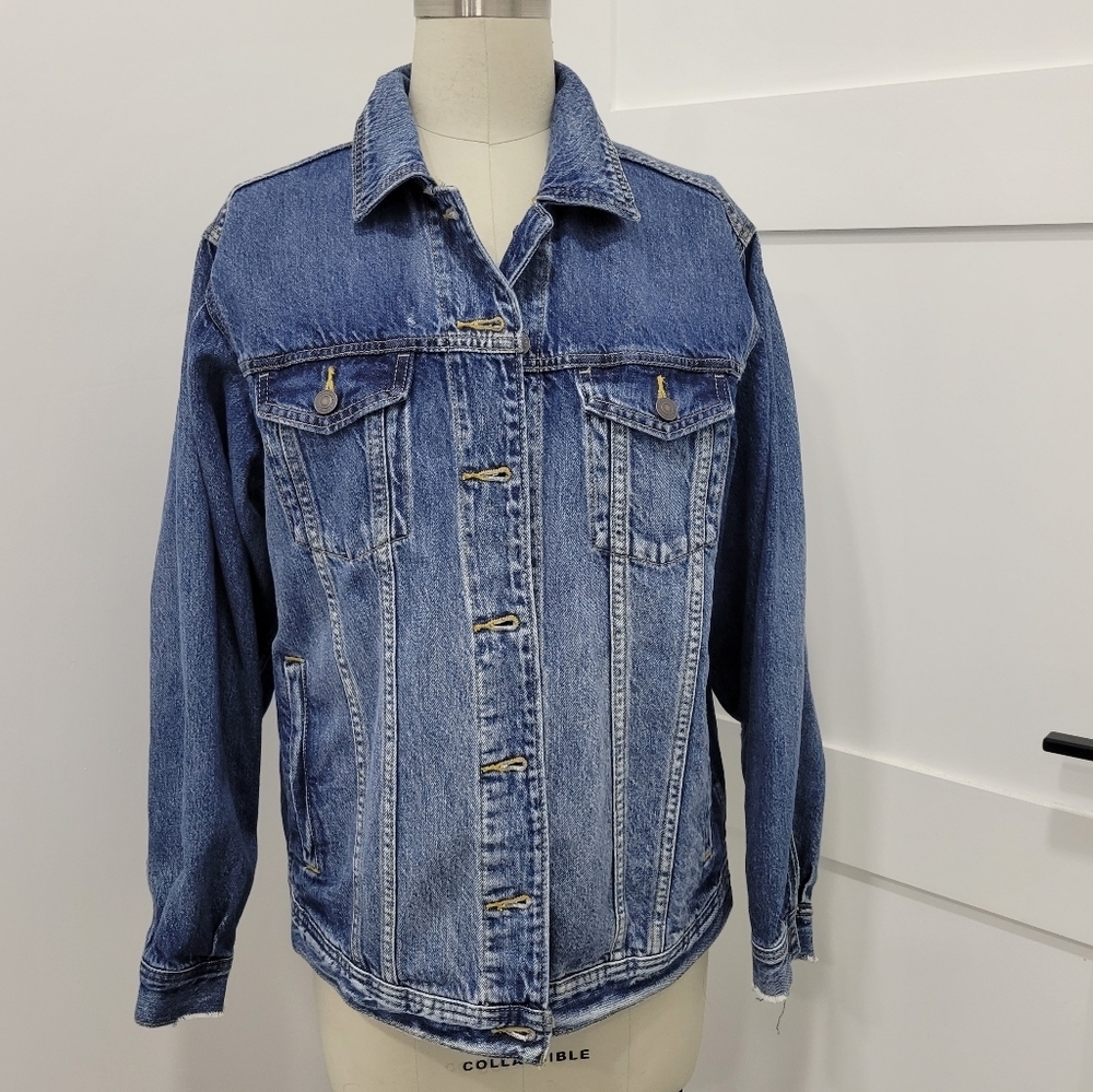 American Women's Eagle Trucker Denim Jacket Blue Jean Balloon Sleeves Size M